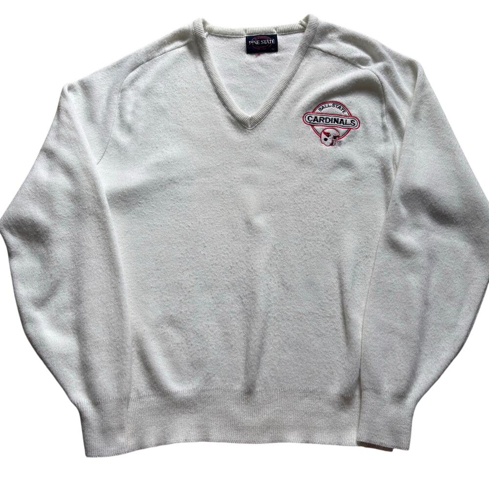 Ball State Cardinals Vintage Pine State Football Helmet V-Neck Sweater White L